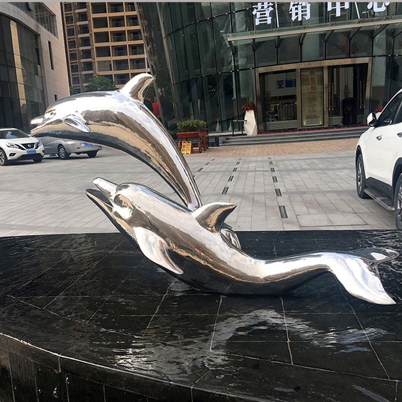 不锈钢镜面海豚水景雕塑