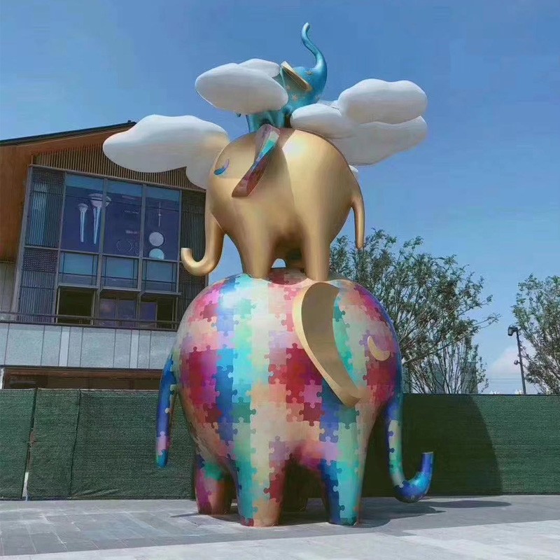 不锈钢卡通大象雕塑抽象动物景观摆件